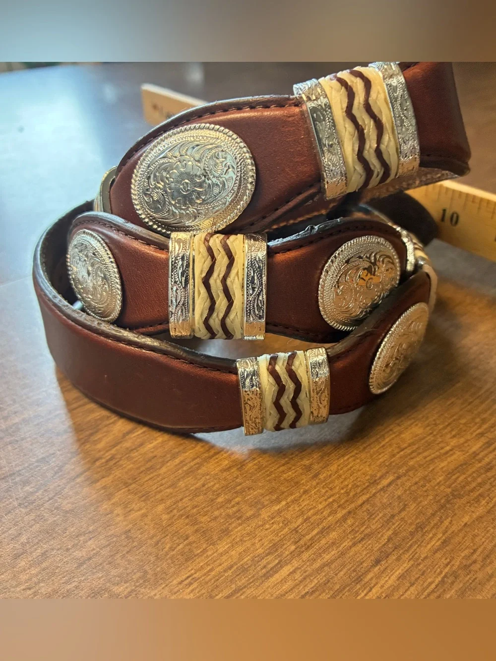 Tony Lama Western Belt Brown Tooled Leather Silver Concho NO BUCKLE 42 9117L